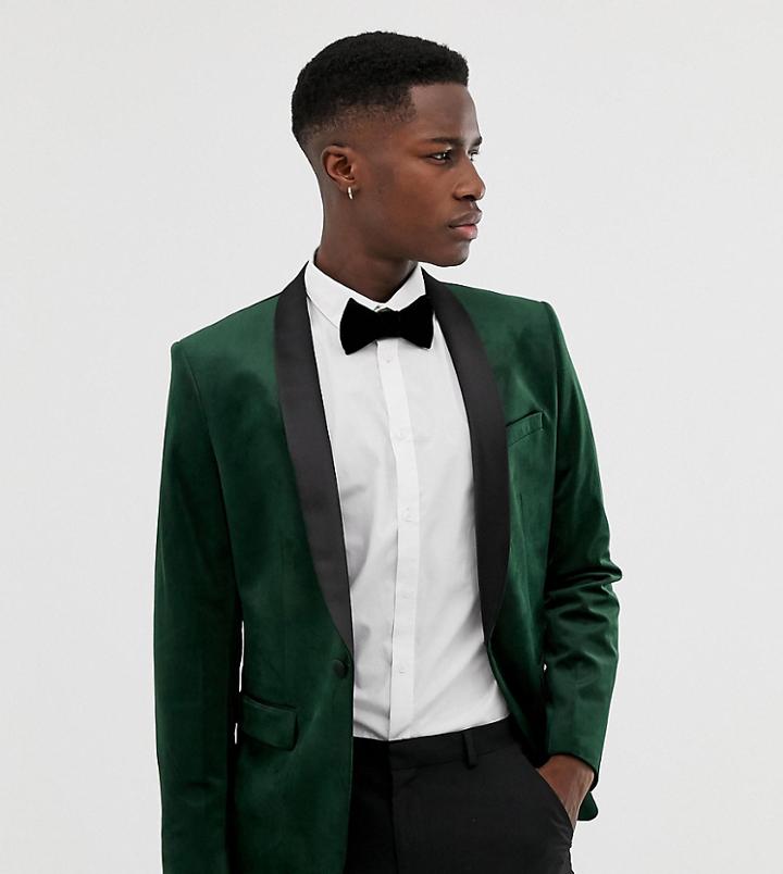 Farah Keeling Skinny Velvet Tuxedo Blazer In Green - Green