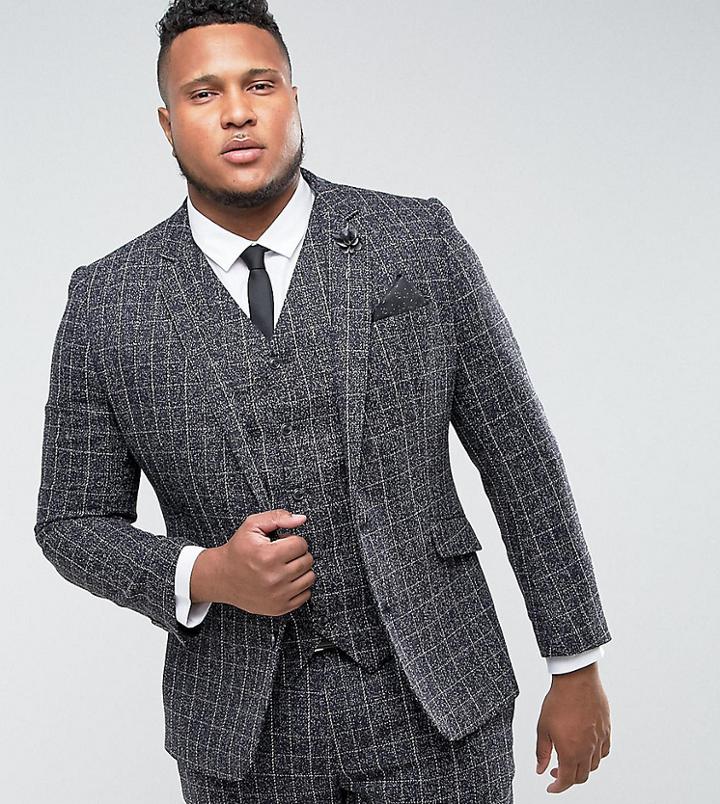 Gianni Feraud Plus Skinny Fit Blue Checked Suit Jacket - Blue