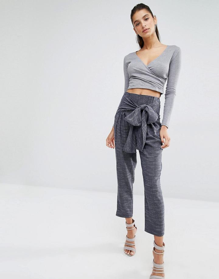 Parallel Lines Tie Front Tapered Leg Pants - Gray