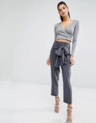 Parallel Lines Tie Front Tapered Leg Pants - Gray