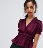 River Island Petite Cropped Cross Over Blouse With Shirring Detail In Berry - Red