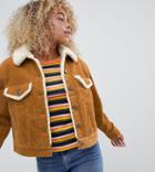 Asos Design Petite Cord Jacket With Fleece Collar In Rust Brown - Stone