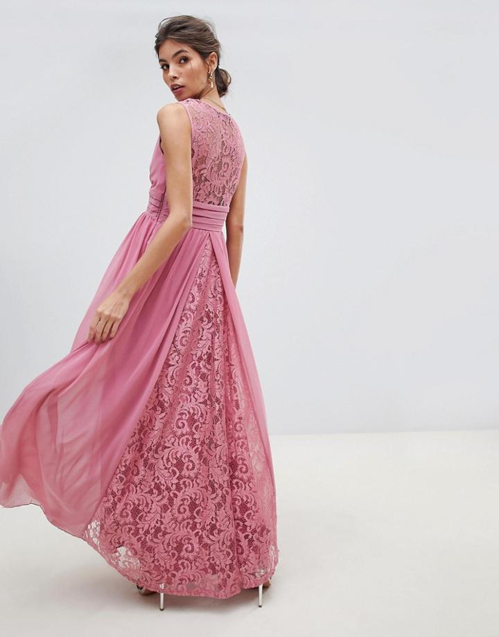 Little Mistress V Neck Sheer Lace Back Maxi Dress-pink