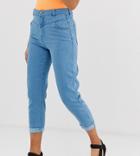 Bershka Mom Jeans With Front Stitch Detailing In Blue - Blue