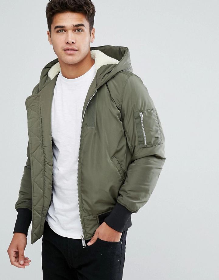 Asos Fleece Lined Hooded Bomber Jacket With Ma1 Pocket In Khaki - Green