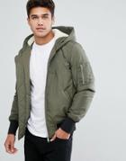 Asos Fleece Lined Hooded Bomber Jacket With Ma1 Pocket In Khaki - Green