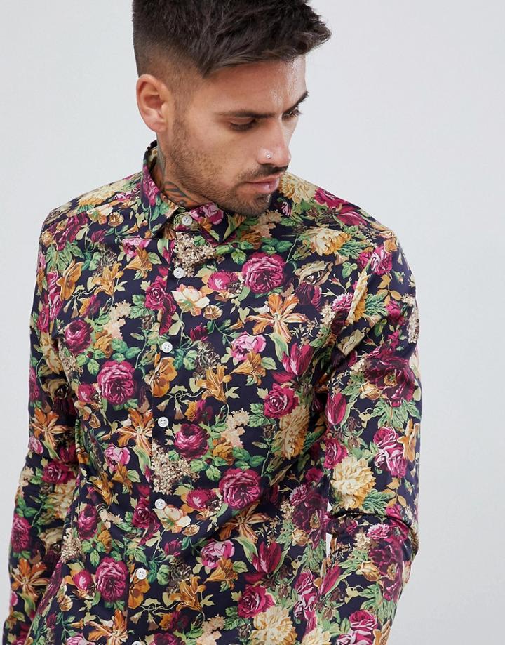 Asos Design Skinny Floral Shirt In Navy - Navy