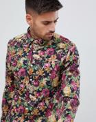 Asos Design Skinny Floral Shirt In Navy - Navy