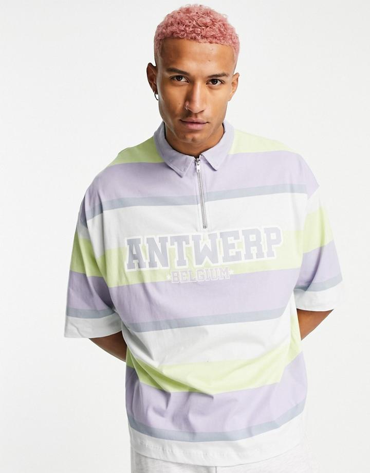 Asos Design Oversized Short Sleeve Stripe Polo T-shirt With Text Print-multi