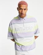 Asos Design Oversized Short Sleeve Stripe Polo T-shirt With Text Print-multi