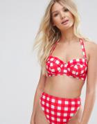 Asos Fuller Bust Mix And Match Cupped Bandeau Bikini Top In Red Gingham Dd-g - Multi