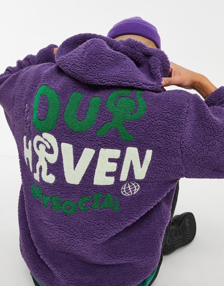 Asos Daysocial Oversized Hoodie In Teddy Fleece With Back Graphic In Purple