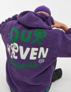 Asos Daysocial Oversized Hoodie In Teddy Fleece With Back Graphic In Purple