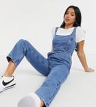 Asos Design Petite Denim Square Neck Fitted Jumpsuit In Midwash-blues