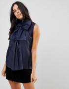 Traffic People High Neck Chiffon Top With Bow Detail - Navy