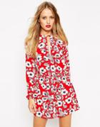Asos Romper In Red Poppy Print With Keyhole - Multi