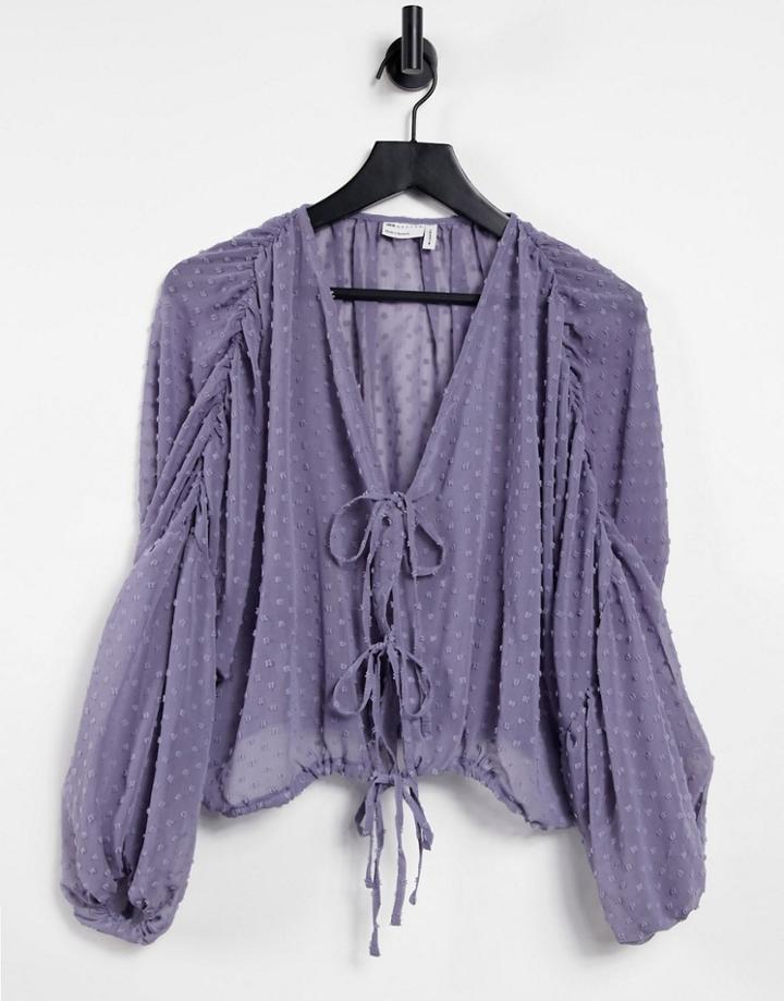 Asos Design Long Sleeve Sheer Textured Plunge Top In Dusty Blue-no Color