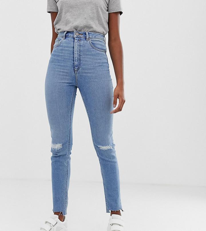 Asos Design Tall Farleigh High Waist Slim Mom Jeans In Light Vintage Wash With Busted Knee And Rip & Repair Detail - Blue