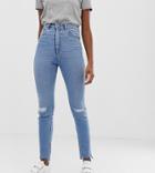 Asos Design Tall Farleigh High Waist Slim Mom Jeans In Light Vintage Wash With Busted Knee And Rip & Repair Detail - Blue