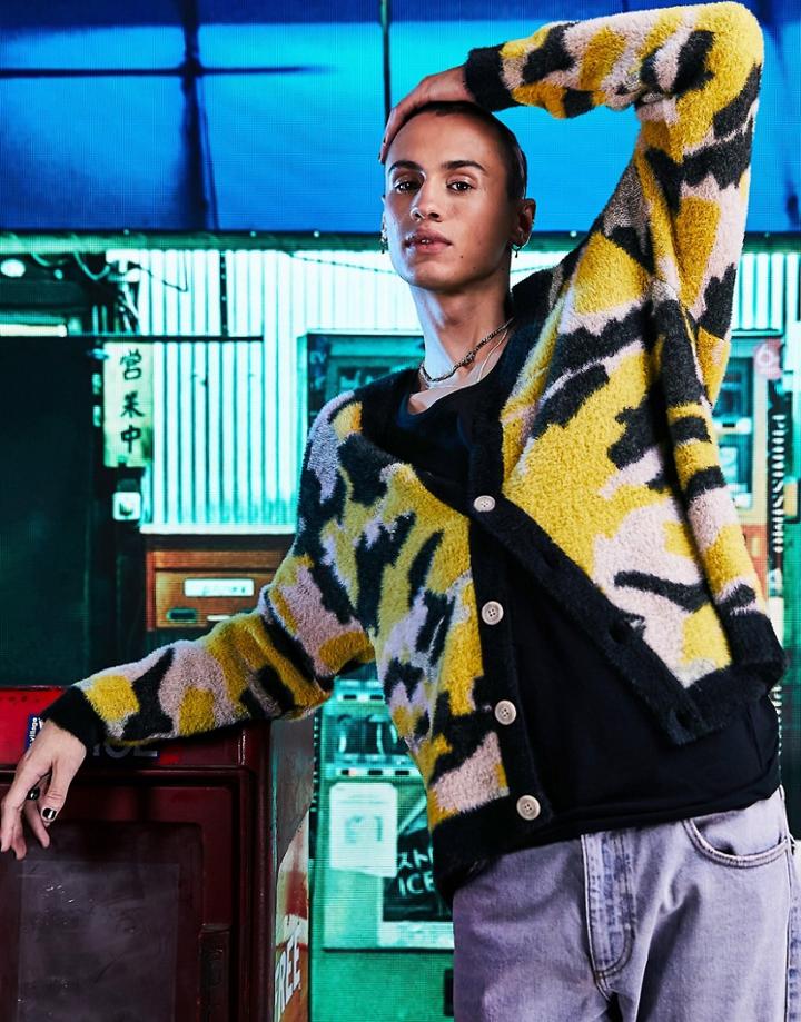 Asos Design Knitted Plush Yarn Cardigan In Animal Pattern-yellow