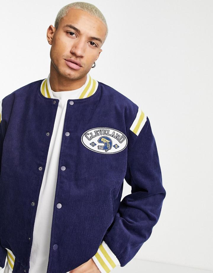 Asos Design Cord Varsity Bomber Jacket In Navy With Contrast Trims