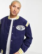 Asos Design Cord Varsity Bomber Jacket In Navy With Contrast Trims