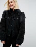 Asos Denim Jacket In Washed Black With Faux Fur Panels - Black