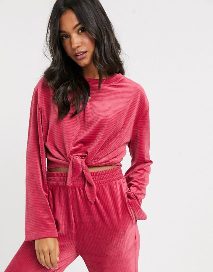 M Lounge Tie Front Ribbed Top Co-ord In Baby Corduroy-pink