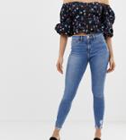 River Island Molly Skinny Jeans With Raw Hem In Mid Wash - Blue