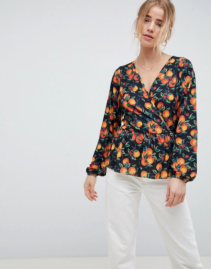Asos Design Wrap Front Fruit Print Top - Black