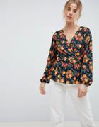 Asos Design Wrap Front Fruit Print Top - Black
