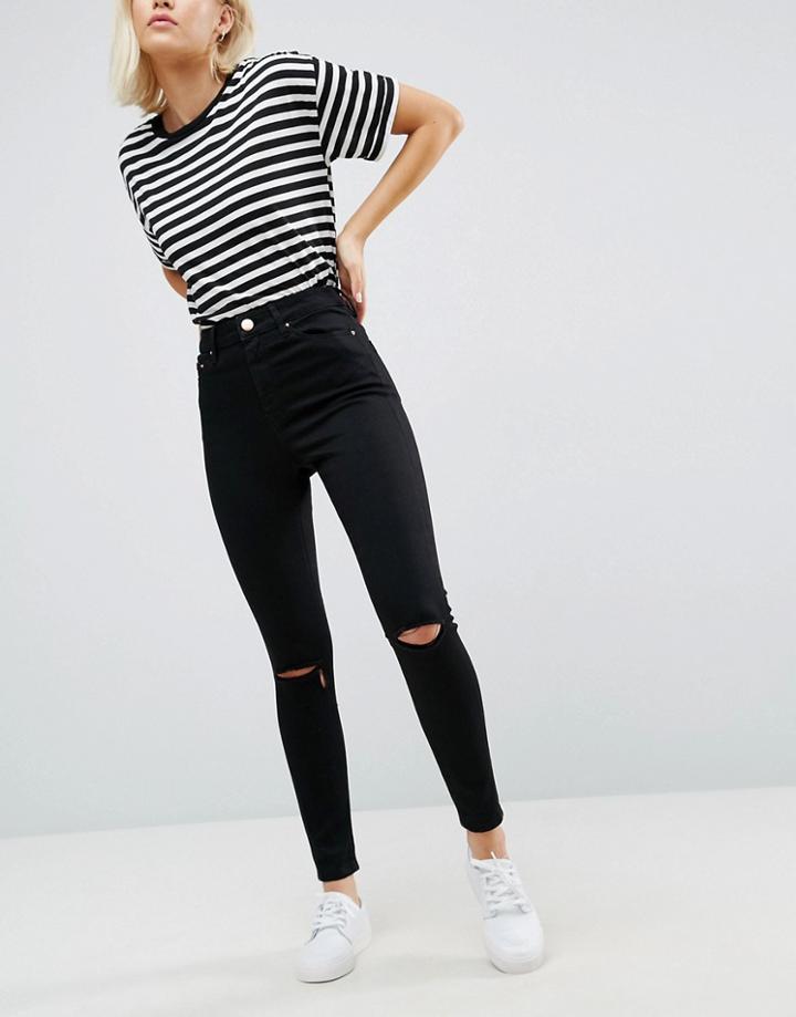 Asos Ridley High Waist Skinny Jean In Clean Black With Ripped Knees - Black