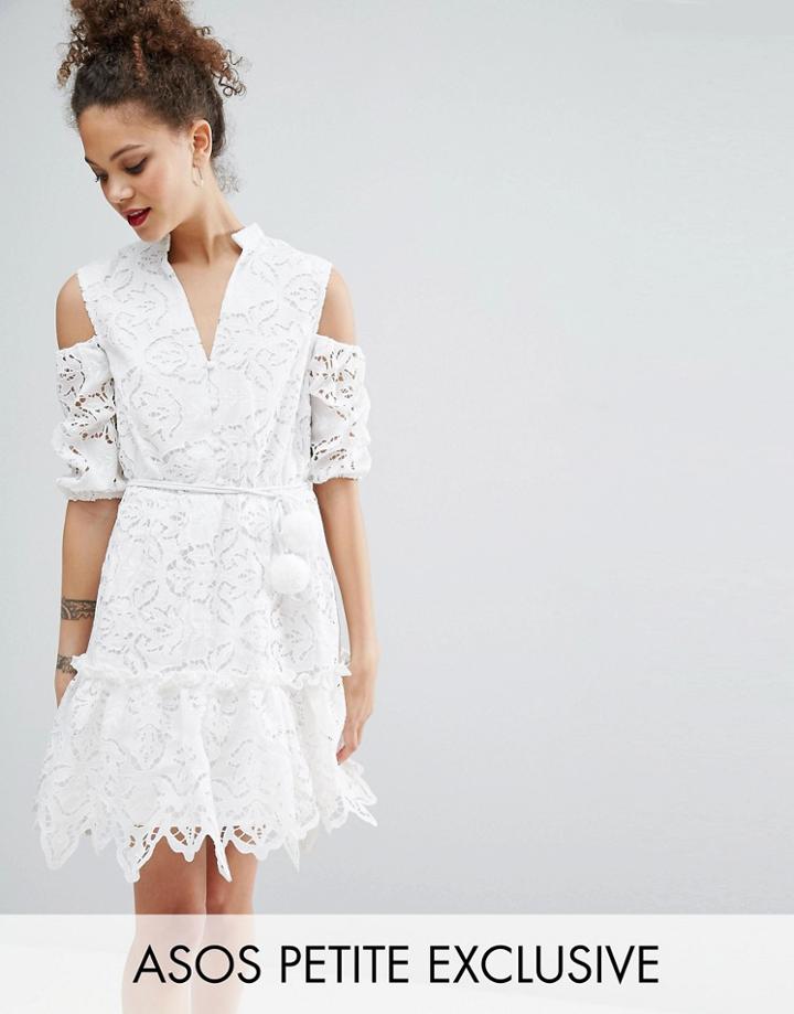 Asos Petite Lace Cold Shoulder Dress With Pom Pom Tie - White