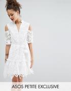 Asos Petite Lace Cold Shoulder Dress With Pom Pom Tie - White