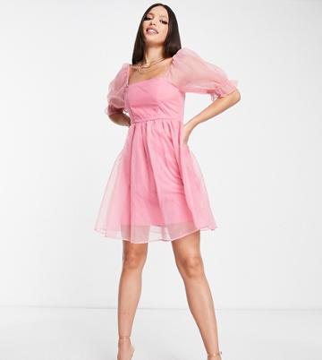 Pieces Tall Premium Puff Sleeve Organza Mini Dress In Pink