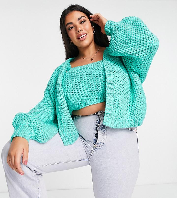 Asos Design Curve Chunky Cardigan In Waffle Stitch In Green - Part Of A Set