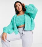 Asos Design Curve Chunky Cardigan In Waffle Stitch In Green - Part Of A Set