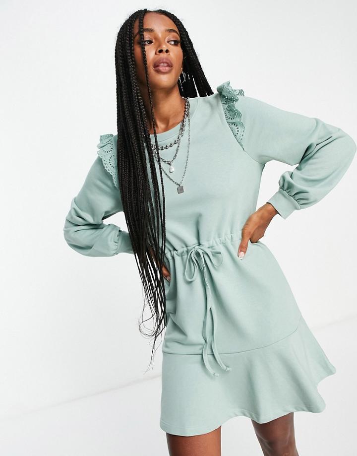 Topshop Broderie Trim Dress In Sage-green