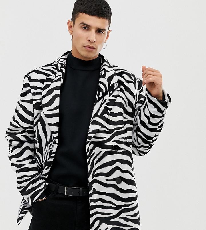Collusion Double Breasted Velvet Blazer In Zebra Print - White