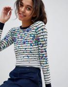 Oasis Floral Stripe Print Contrast Cuff Sweater - Multi