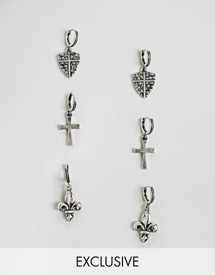 Reclaimed Vintage Hoop Earring Pack In Burnished Silver With Cross And Shield - Silver