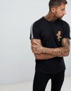 Pull & Bear Embroidered T-shirt In With Side Stripe In Black - Black