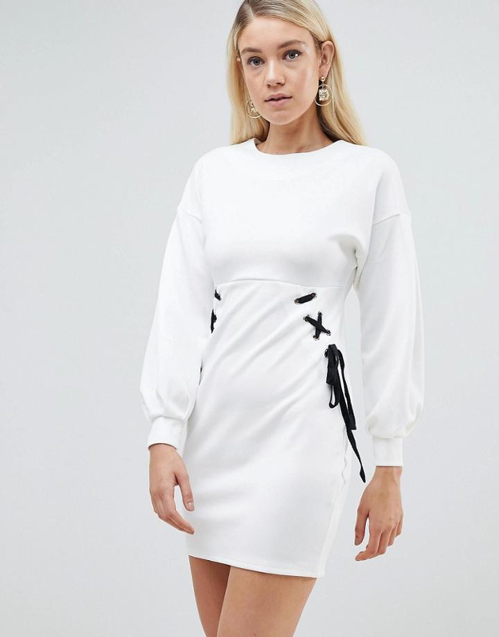 Asos Mini Dress With Lace Up Detail And Balloon Sleeves-white