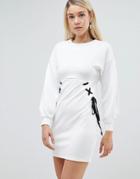 Asos Mini Dress With Lace Up Detail And Balloon Sleeves-white