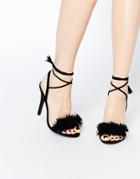 Daisy Street Black Pom Ghillie Lace Up Heeled Sandals - Black