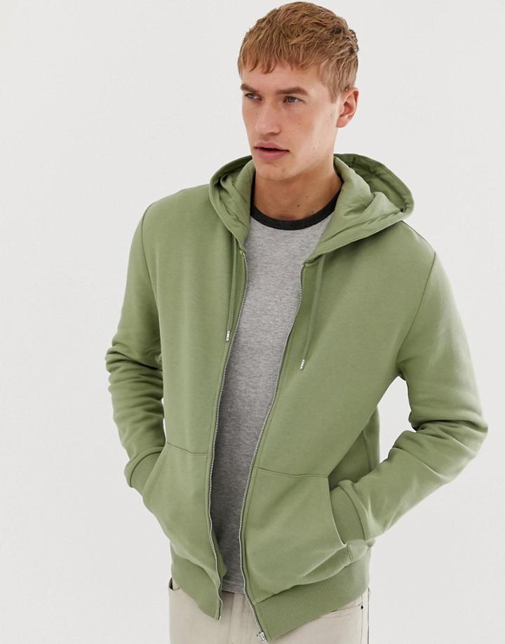 Asos Design Zip Thru Hoodie In Green - Green