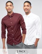 Asos Skinny Shirt In White And Burgundy With Long Sleeves 2 Pack - Multi