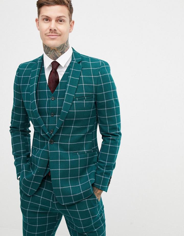 Asos Design Skinny Suit Jacket In Forest Green Windowpane Check