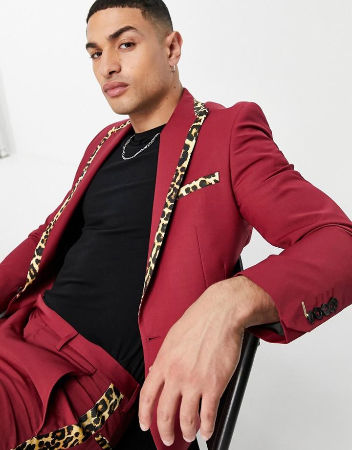Twisted Tailor Suit Jacket In Red With Leopard Print Contrast Insert-black
