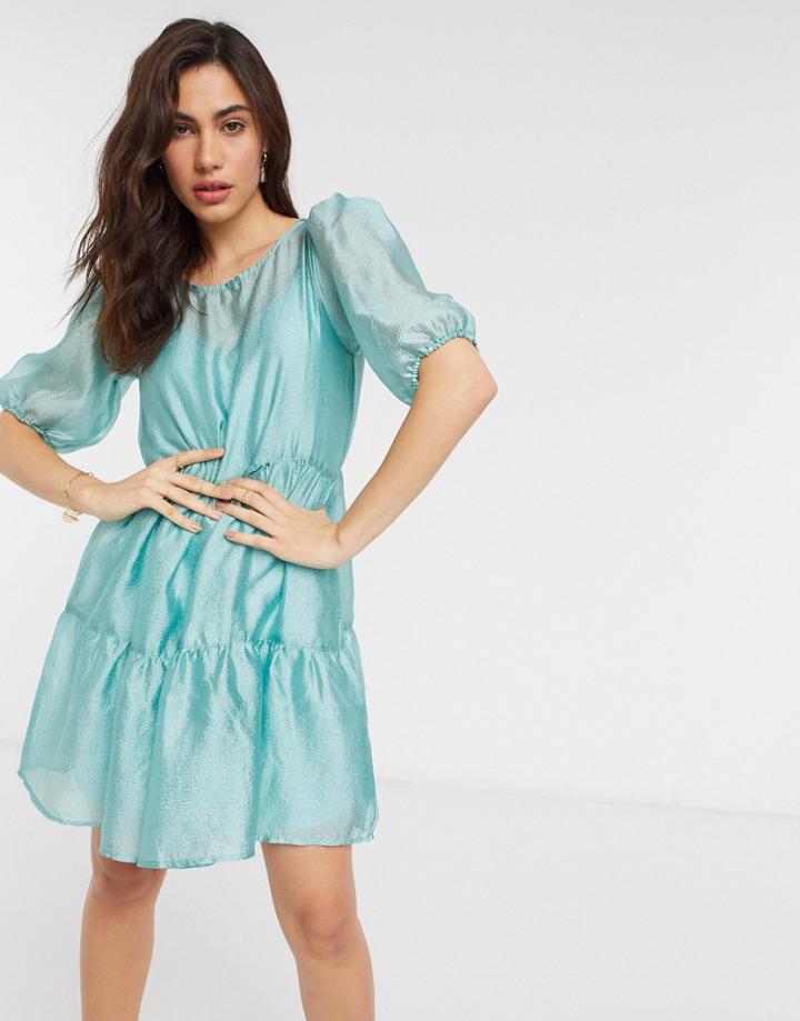 Vila Organza Mini Smock Dress In Blue-green